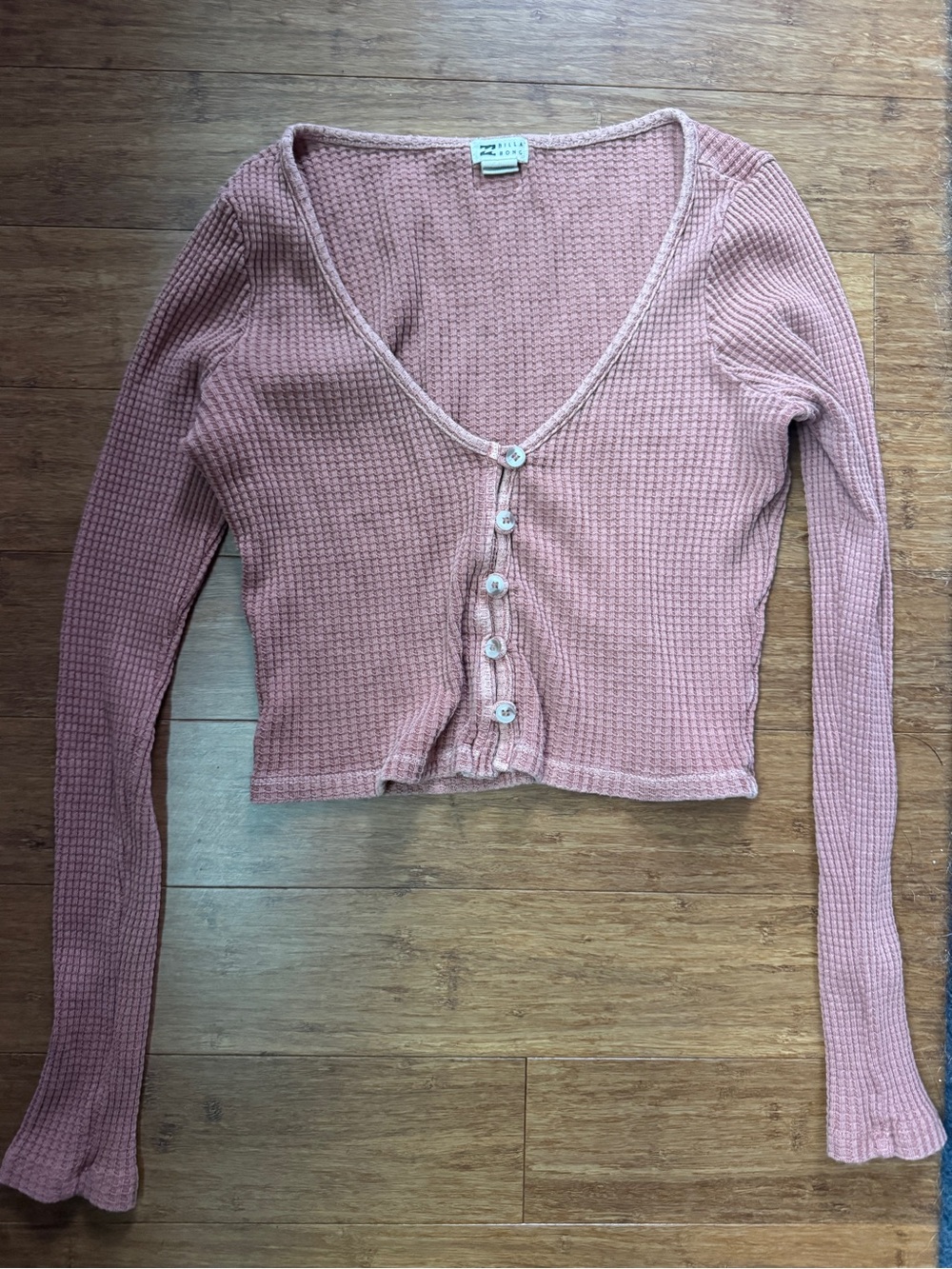 Billabong Blush Pink Waffle-Knit Button Long Sleeve Top